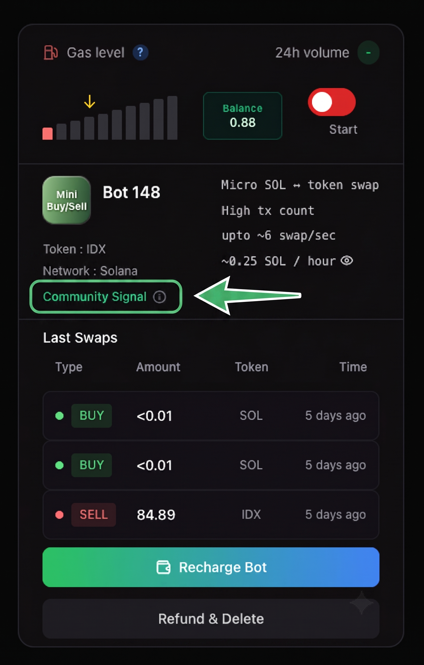 Dashboard bot card with Community Signal link highlighted